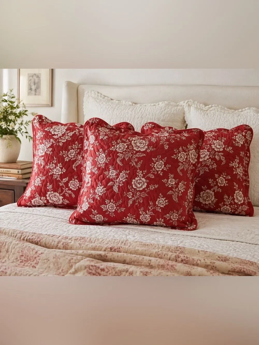 Red Floral Quilted 3 Pillow Shams Cottagecore French Country Scalloped Heloise